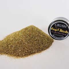 Close-up of iridescent white glitter eyeshadow in a small round jar, showcasing sparkling flecks and smooth texture