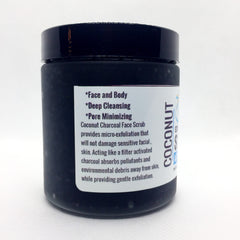 Coconut face scrub jar, black plastic container with white label, "COCONUT" text visible