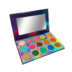 Galactic Astronomy Eye Shadow Palette featuring twelve vibrant shades in cosmic hues with sleek black compact