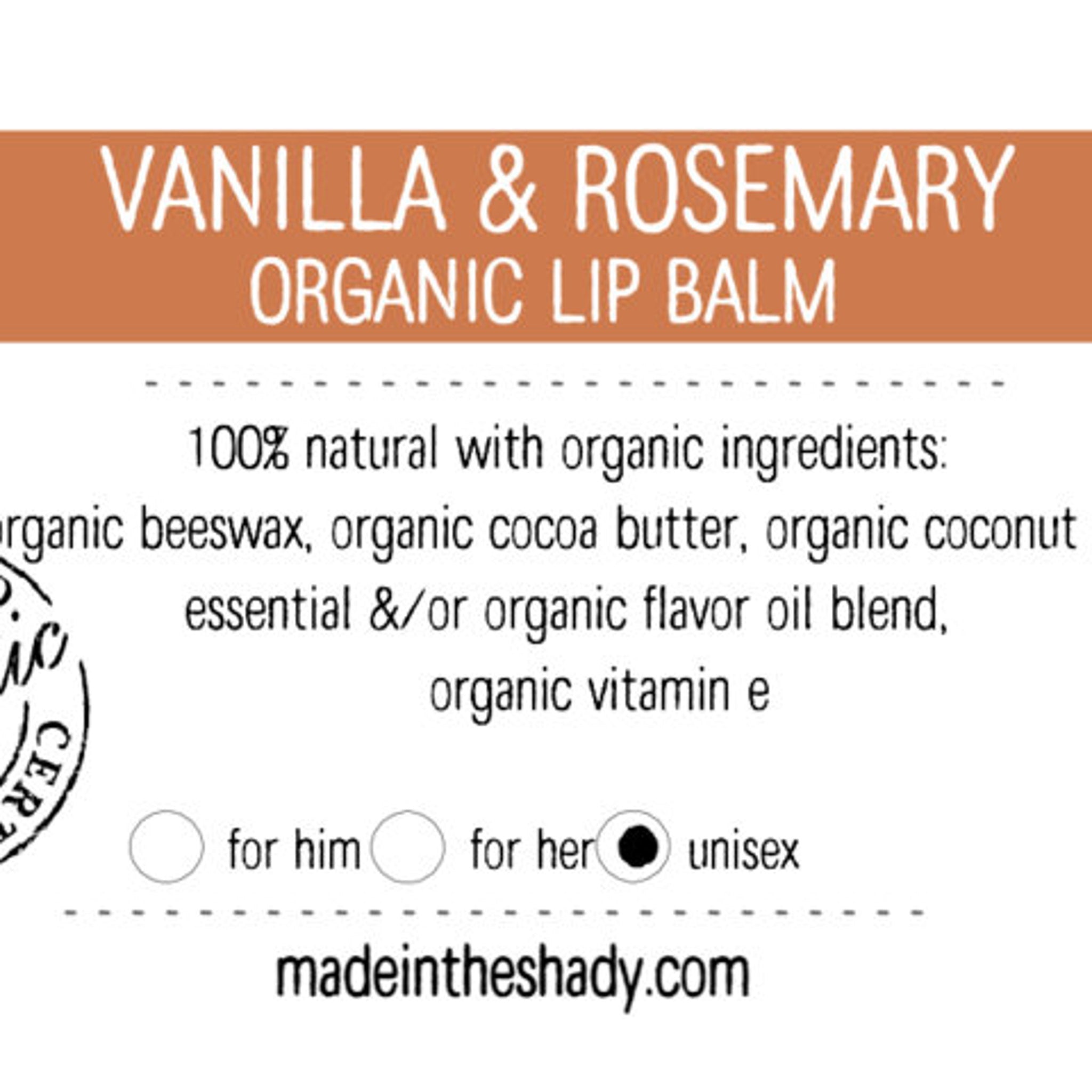 Organic lip balm with brown text on white, MADE IN THE SHADY branding, unisex use