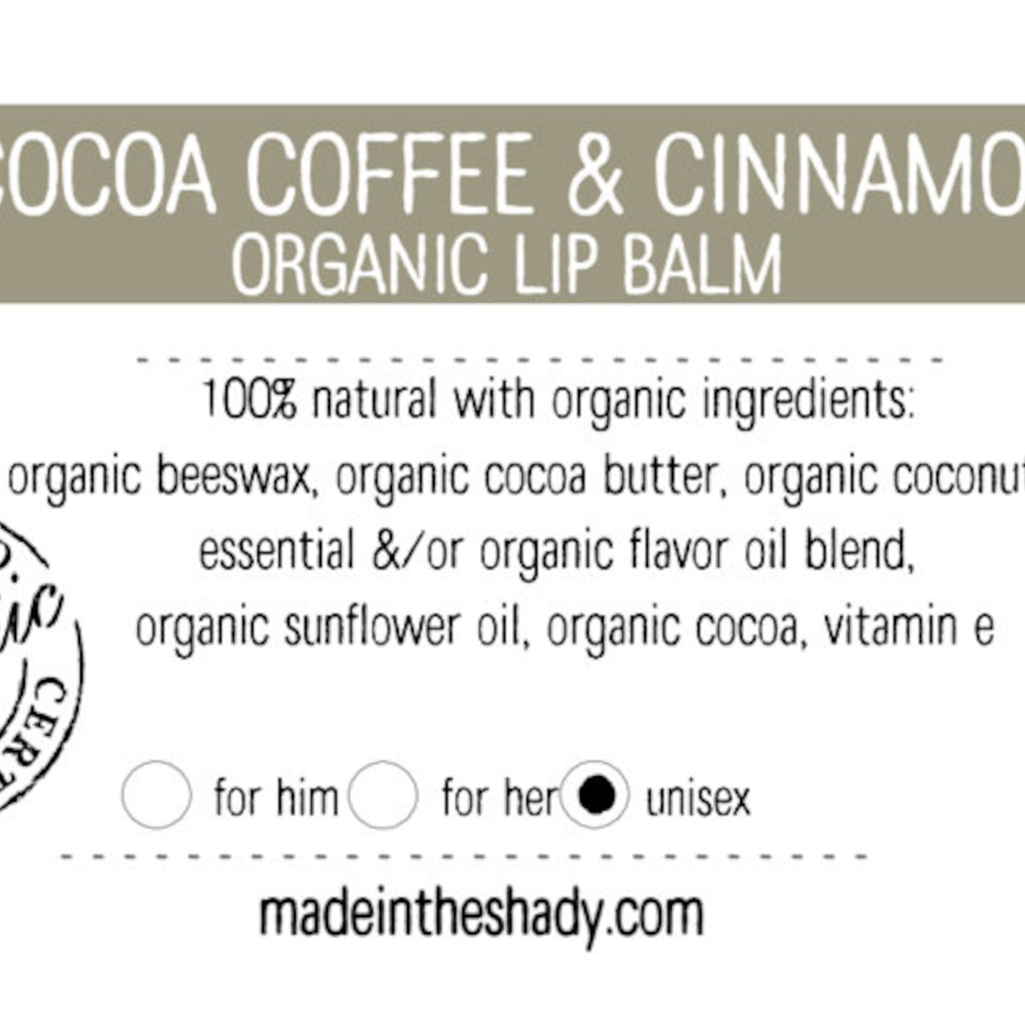 Lip balm label with white text on a tan background, unisex option, madeintheshady.com