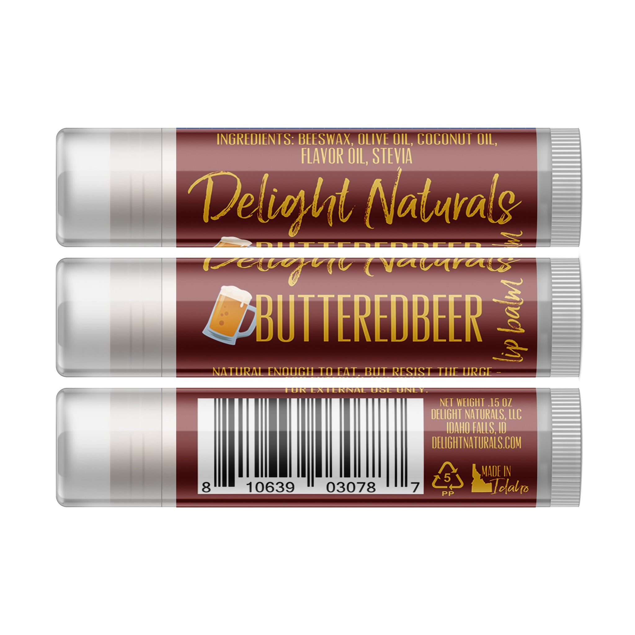Lip balm with brown and gold label, Delight Naturals Buttered Beer flavor, white tube