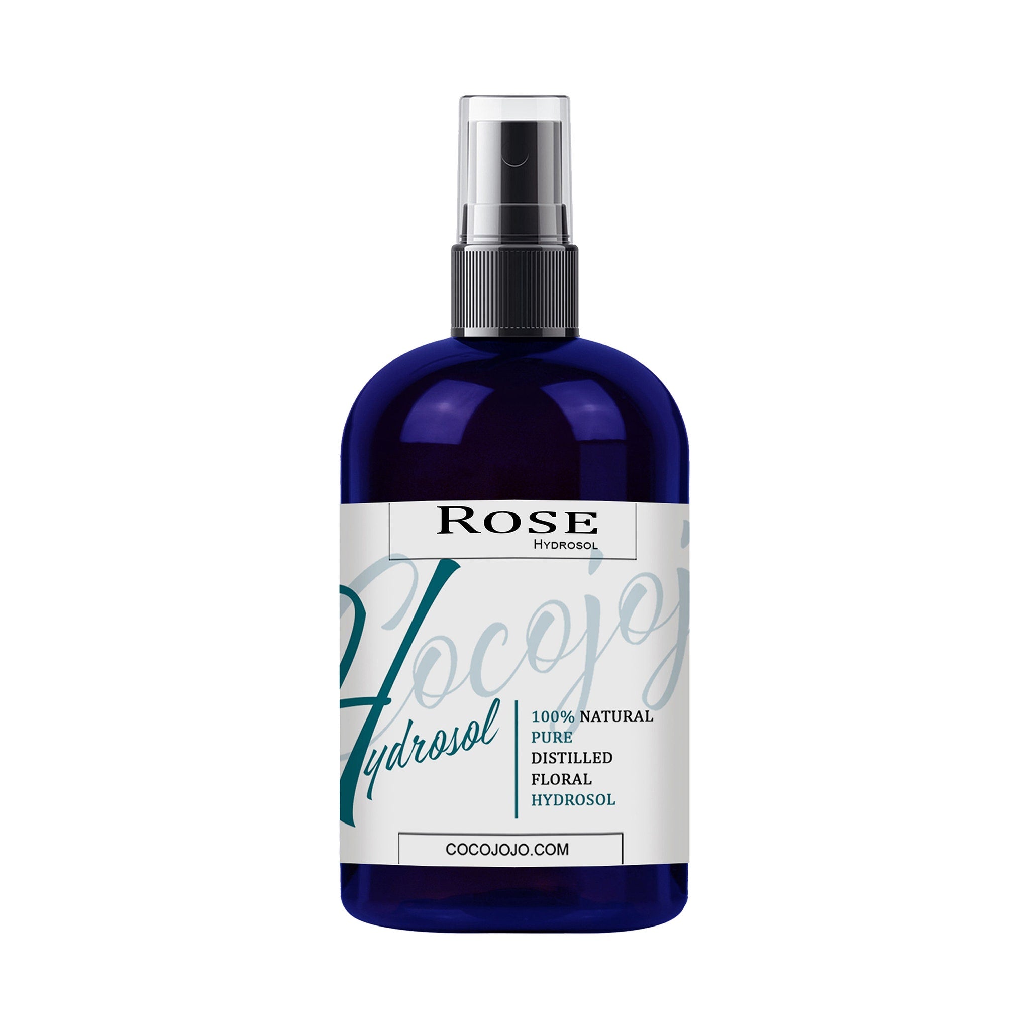 Rose hydrosol bottle, dark blue glass, white label with CocoJojo text and spray top