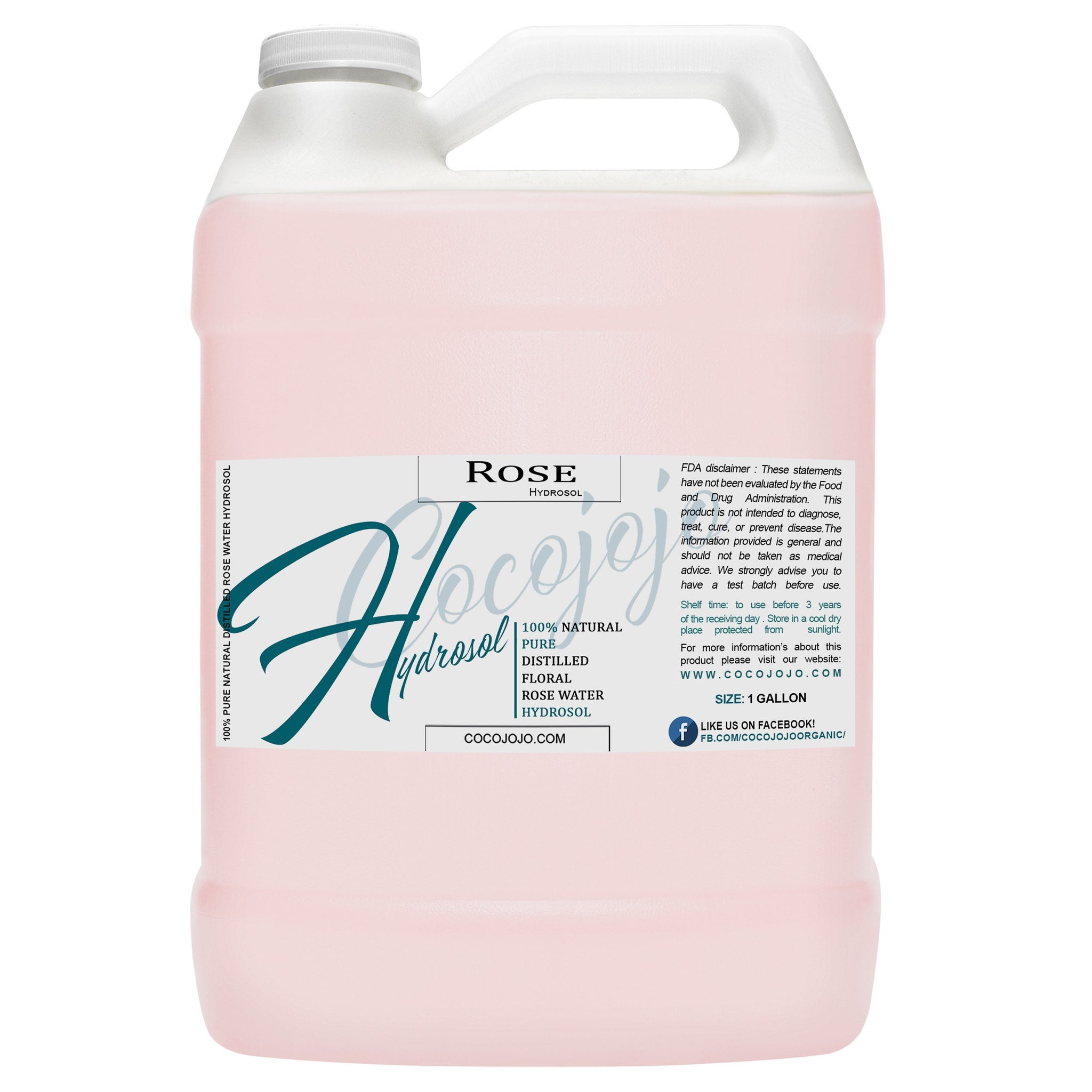 Rose hydrosol in a pink plastic jug with white cap and label, CocoJojo brand
