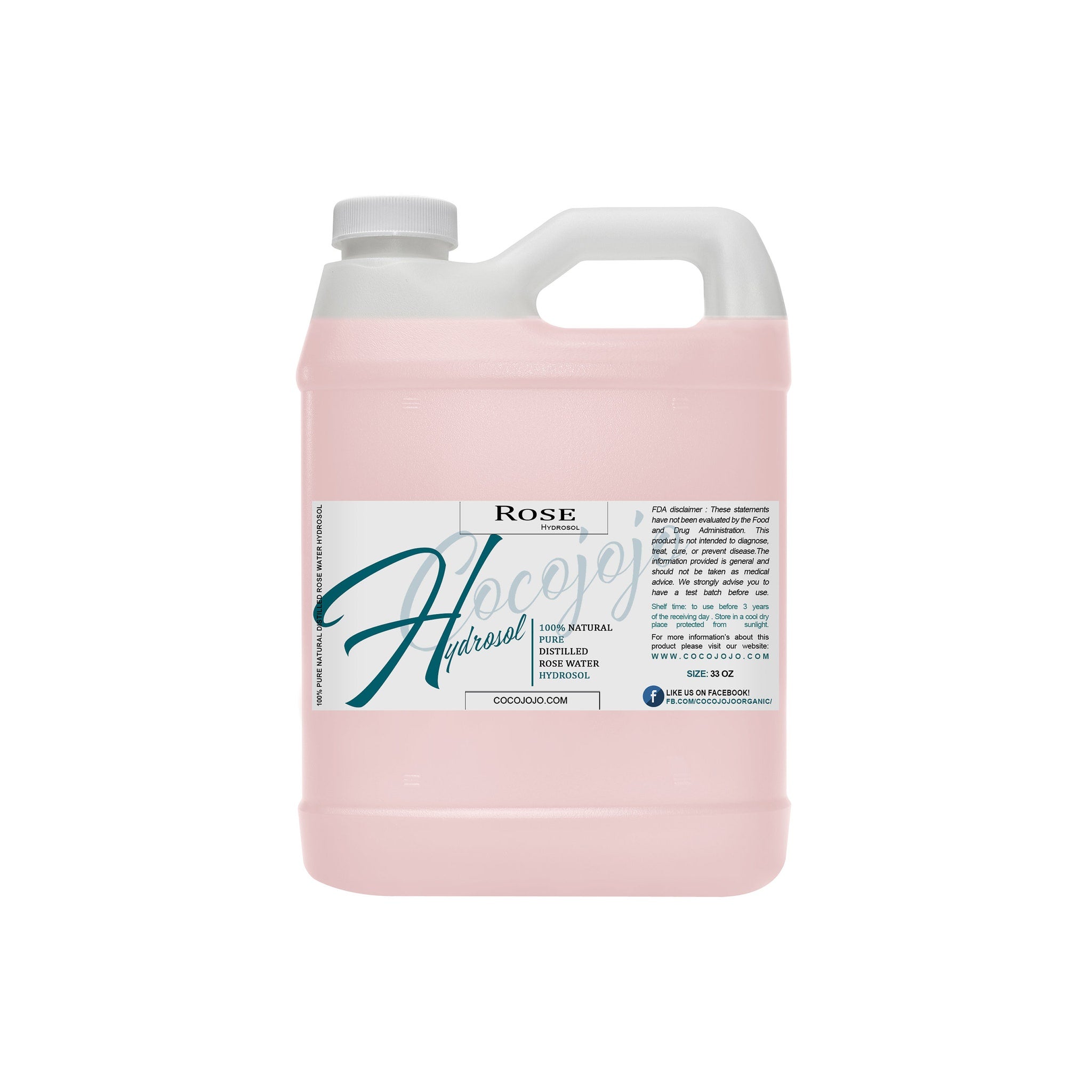 Rose water hydrosol in pink plastic jug with white cap and handle, CocoJojo brand