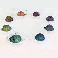 Close-up of multichrome eyeshadow bundle showing shifting iridescent hues in compact pans