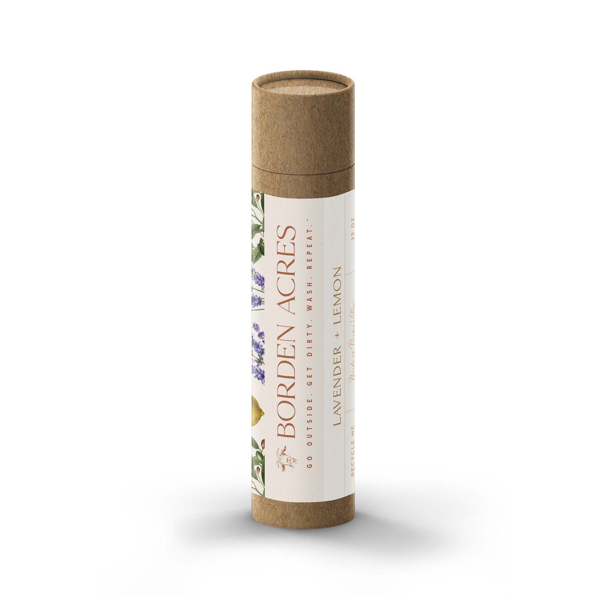 Lip balm tube made of cardboard, with Borden Acres label and lavender illustration