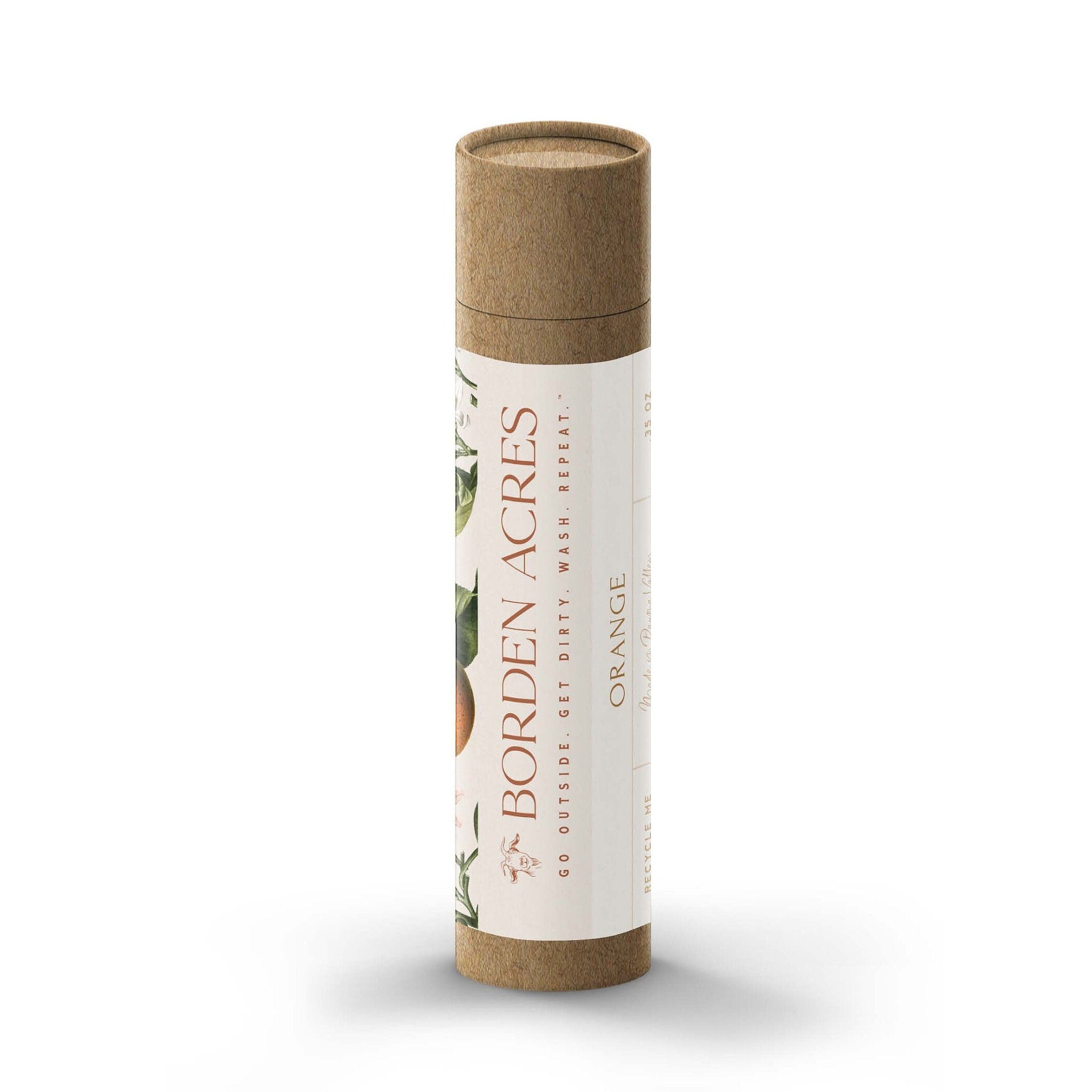 Orange product in a cylindrical cardboard tube, with Borden Acres branding and white label.
