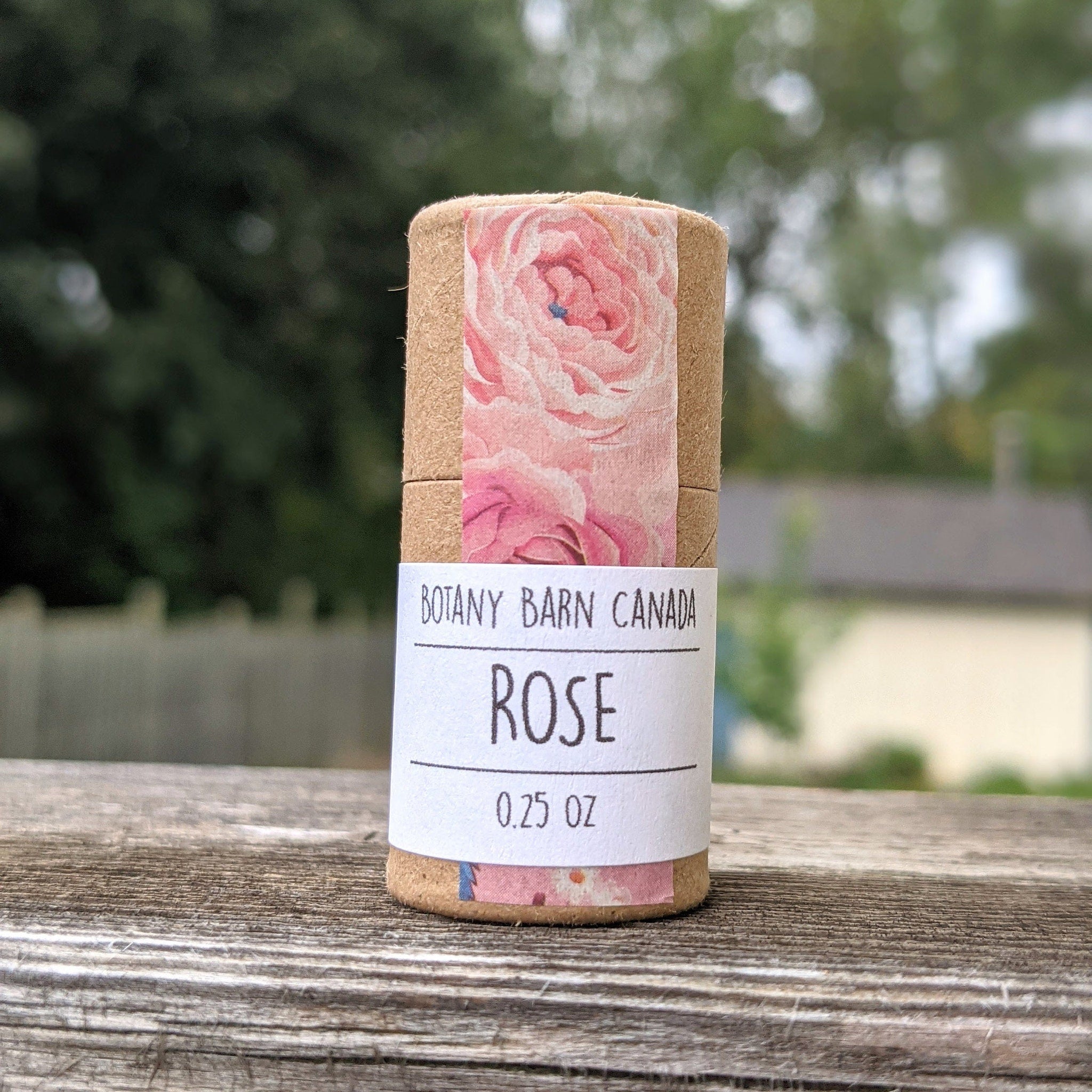 Rose product, Botany Barn Canada, brown cardboard tube with floral pattern and white label
