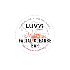 Facial Cleanser Bar label with black, orange, and white text, LUVYI brand name, floral design