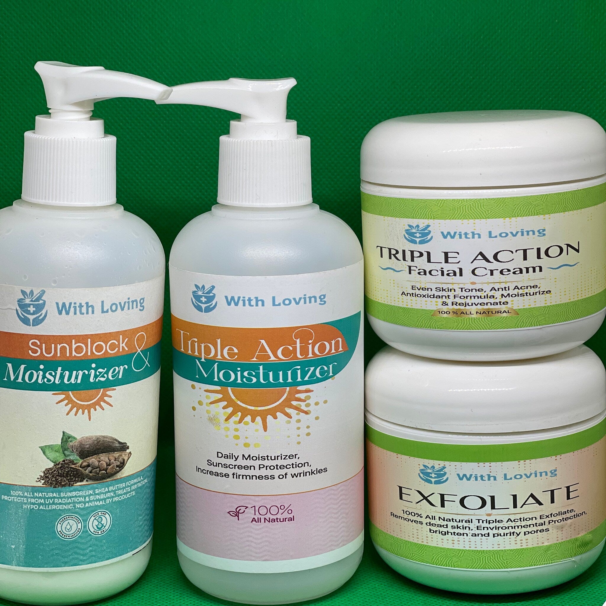 Sunscreen and moisturizer bottles, white plastic with printed labels, brand "With Loving" visible, against green background