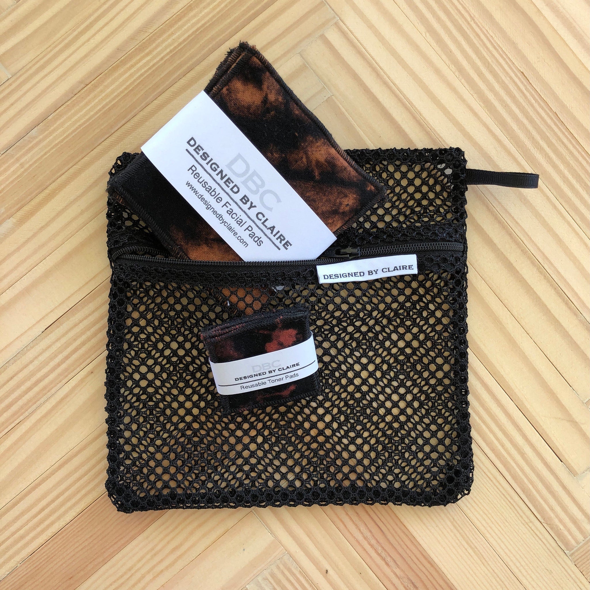 Reusable facial pads with black mesh bag, tie-dye pattern pads, Designed by Claire branding