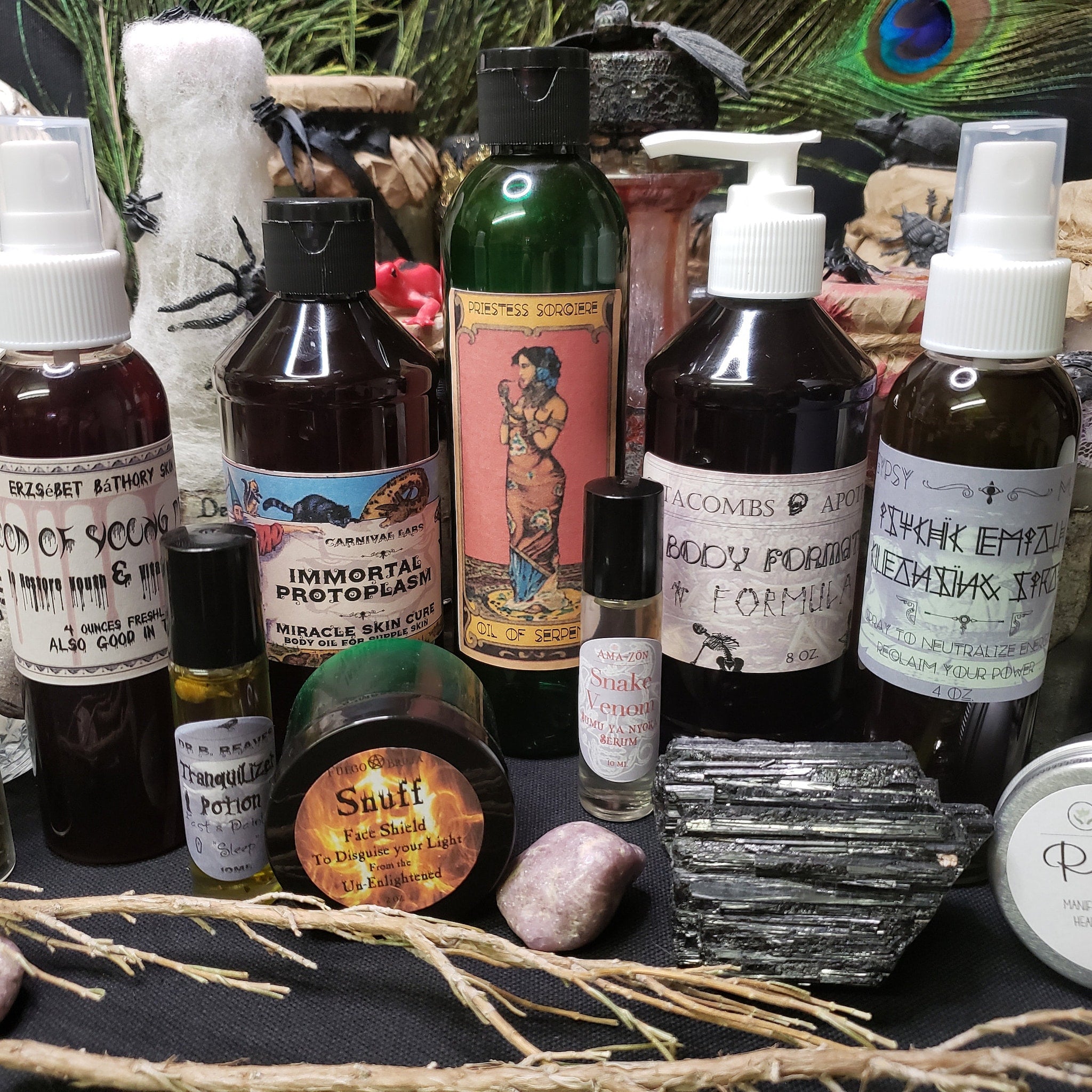 Bottled potions and serums in various colors and sizes, with labels and decorative items