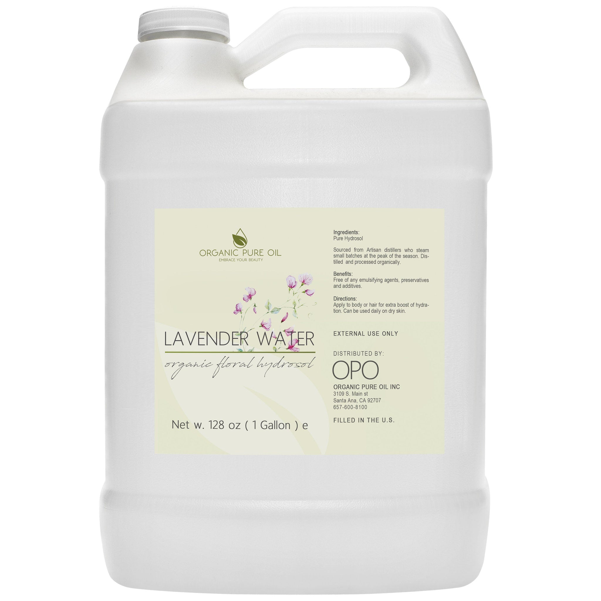 Lavender water in white plastic jug with handle, OPO label, organic floral hydrosol