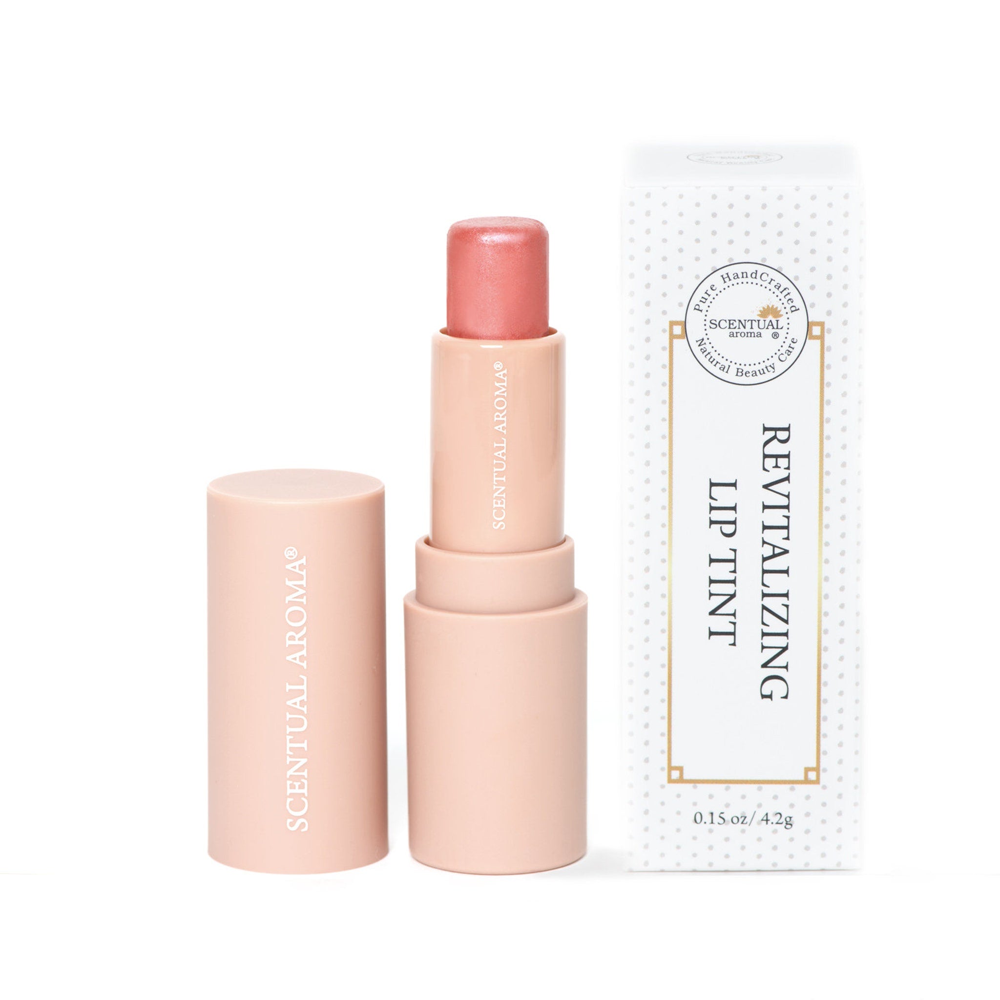 Lip tint in pink and peach tones, with Scentual Aroma branding and white dotted packaging.