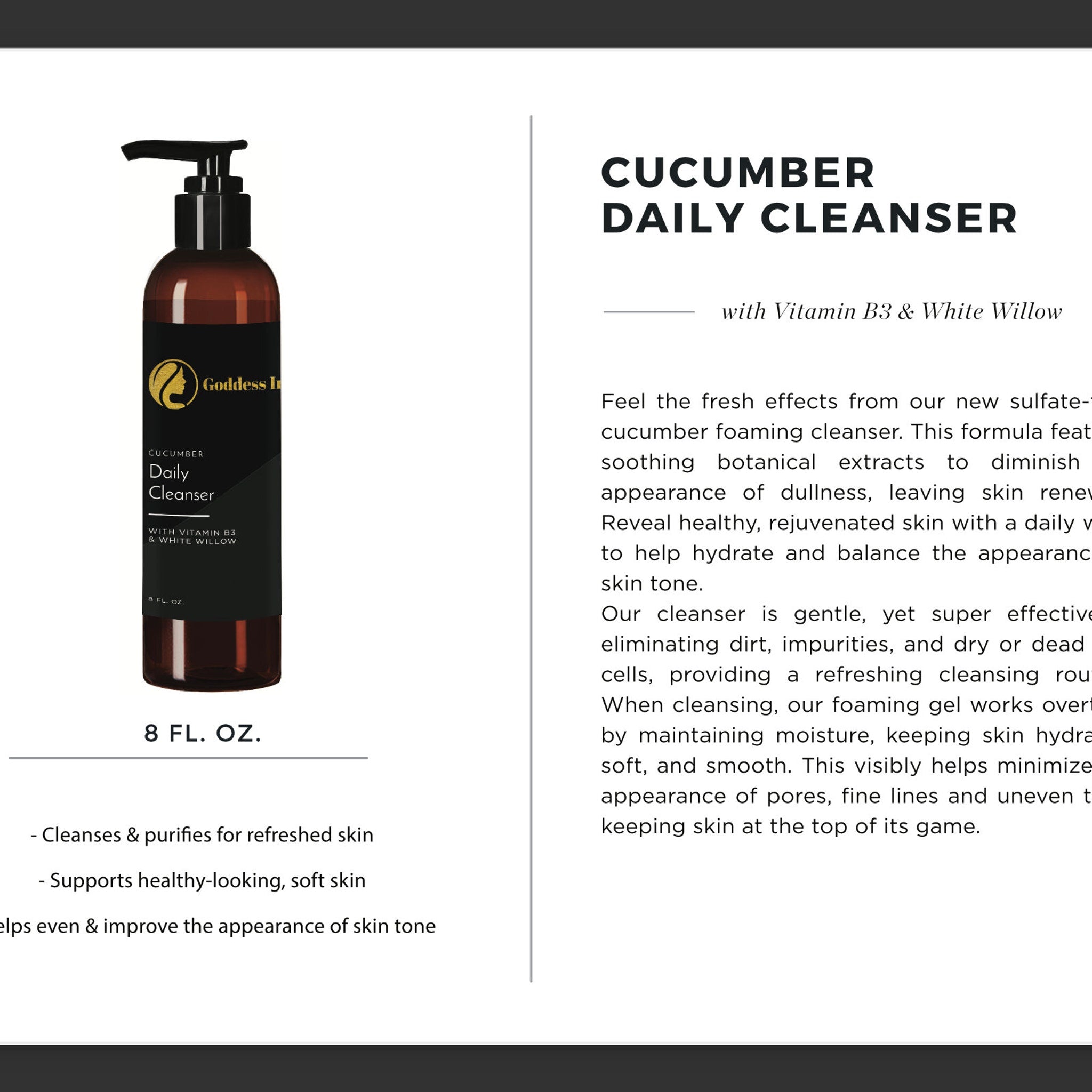 Cucumber Daily Cleanser bottle, brown and black with pump, Goddess I branding, 8 fl oz size