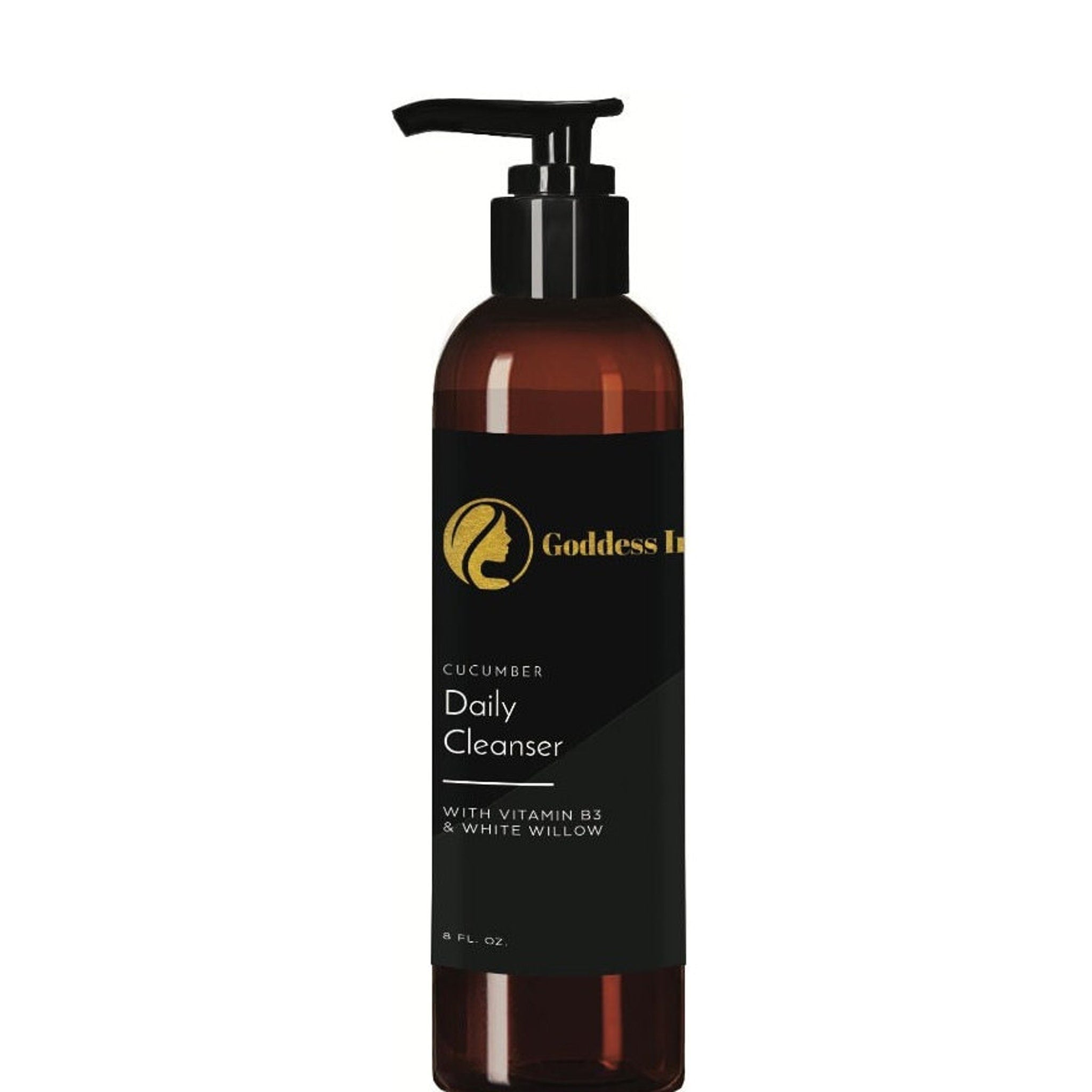 Facial cleanser bottle, brown glass, black pump, with "Goddess L" text and label