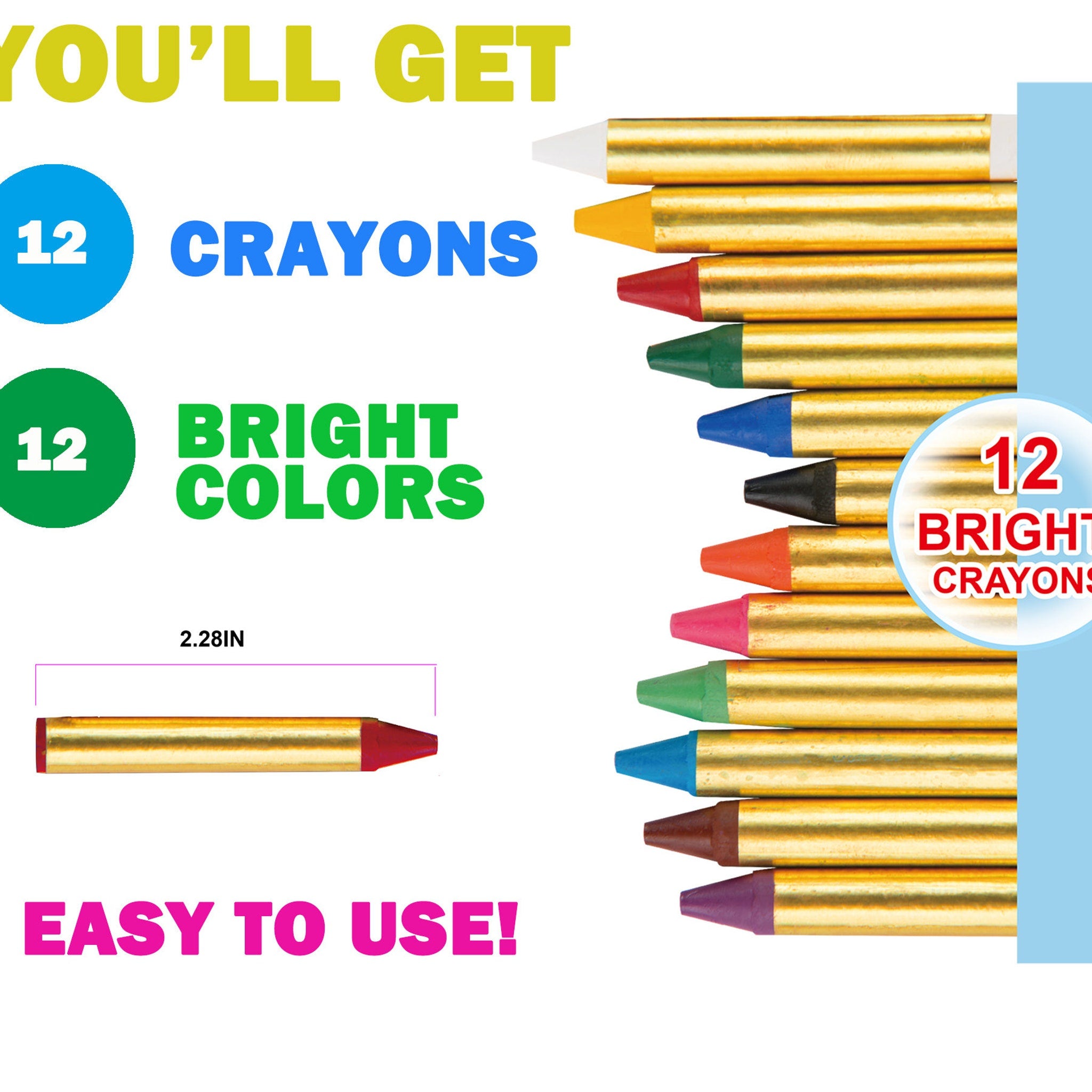 Crayons with bright colors, gold casing, and white tips, for coloring