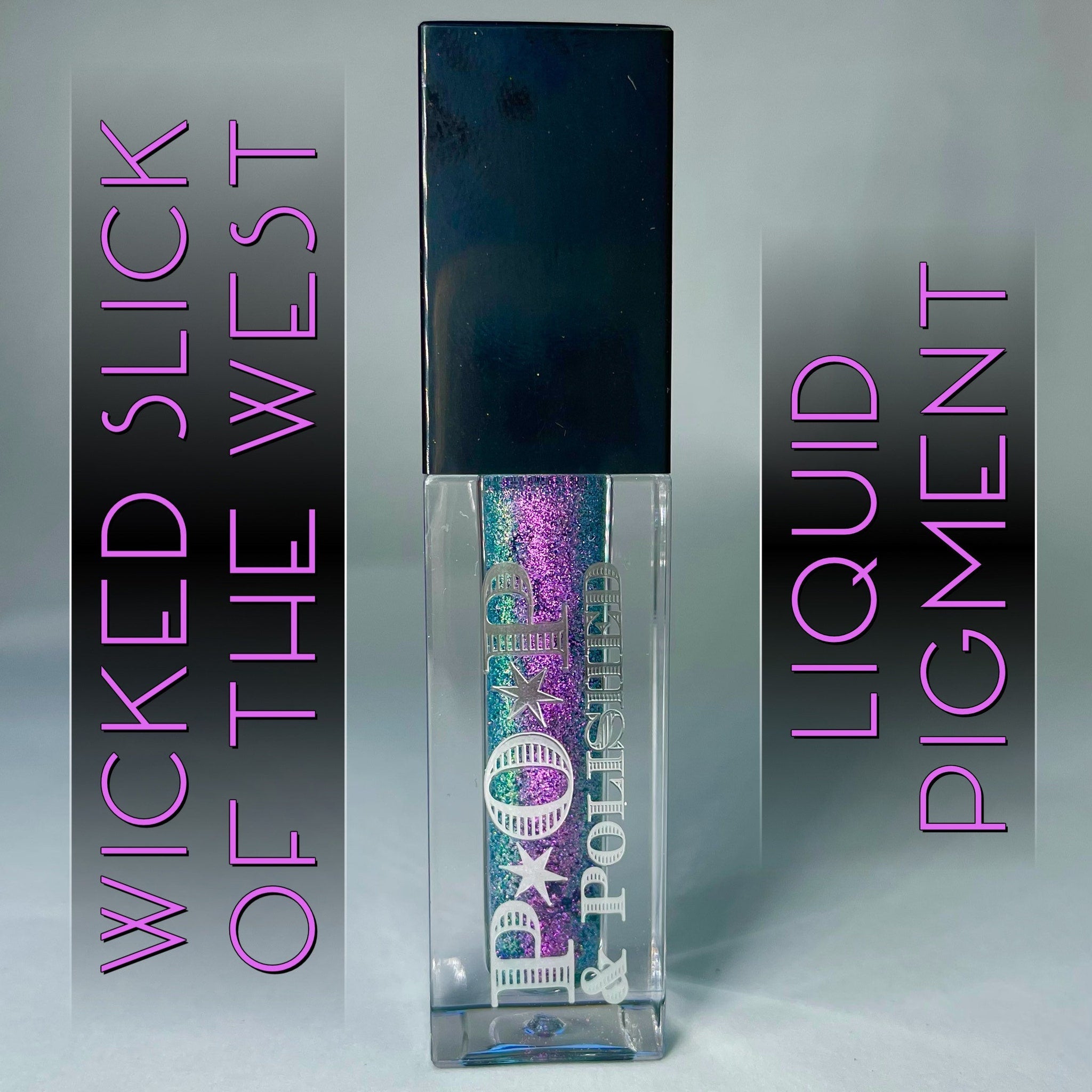 Close-up of multichrome liquid eyeshadow shifting from purple to blue, green, and pink with glossy finish