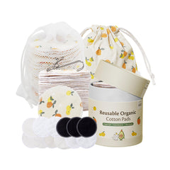Reusable cotton pads in white, black, and patterned fabric, with brand text visible