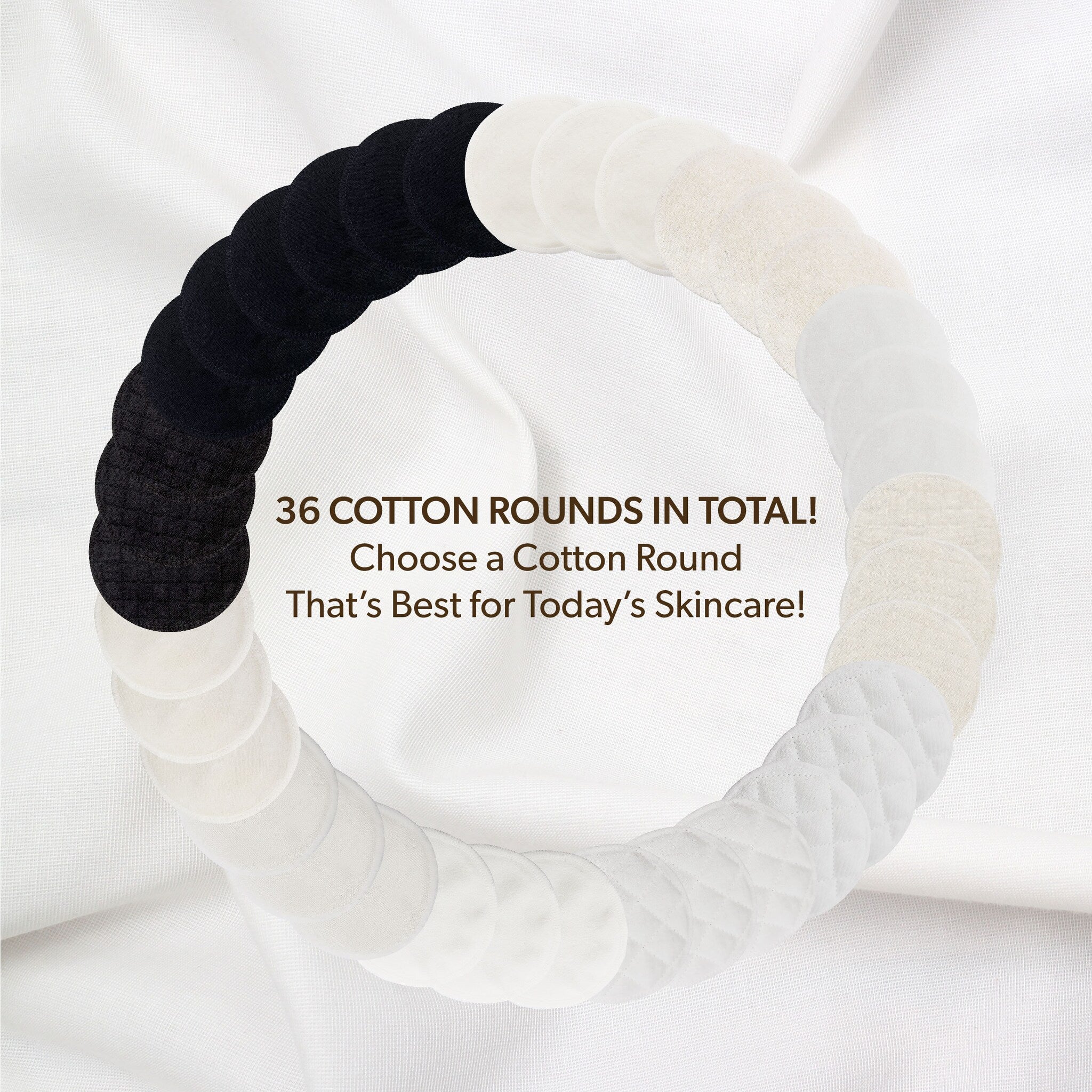 Cotton rounds in black, white, and cream, arranged in a circle, on white fabric background.
