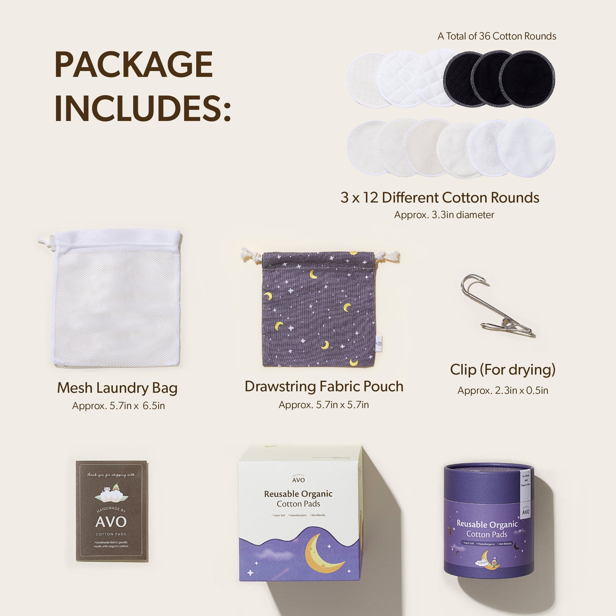 Reusable cotton pads package with white, black, and patterned rounds, AVO brand visible