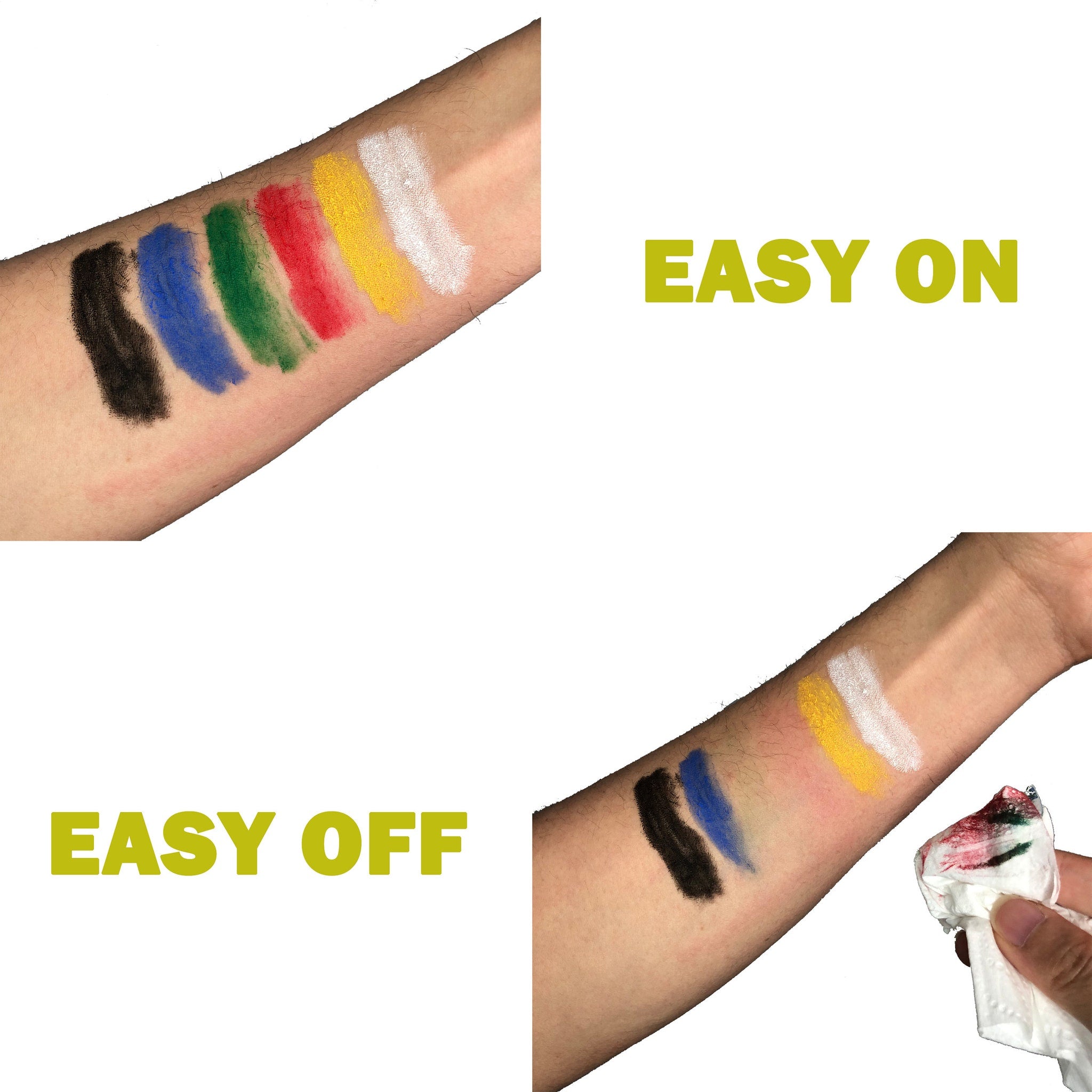 Colorful swatches of black, blue, green, red, yellow, and white on arm, with text "EASY ON" and "EASY OFF