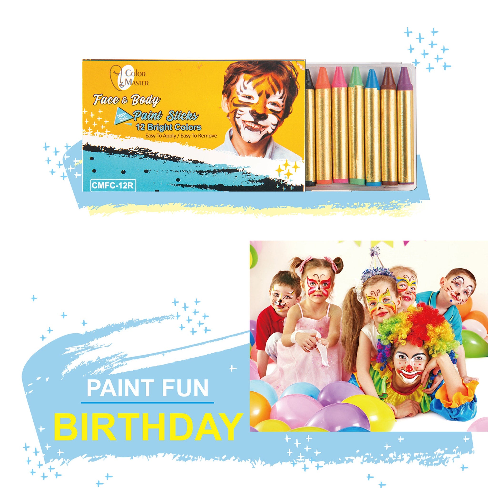 Face paint sticks, bright colors, gold tubes, and kids with face paint at birthday party