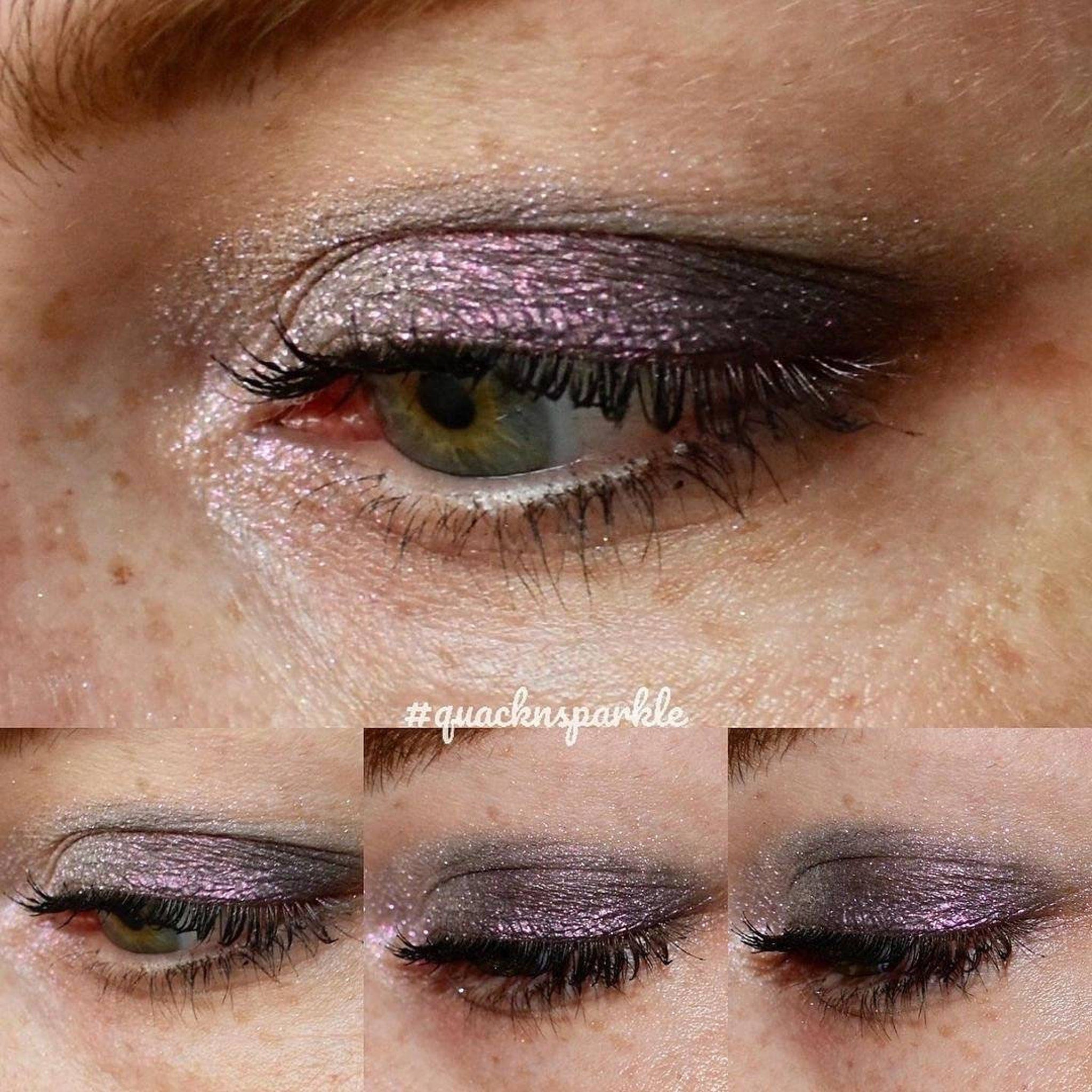 Side-angle view of vegan multichrome eyeshadow pan showing orange-to-violet shift with olive undertone on triangular pressed powder