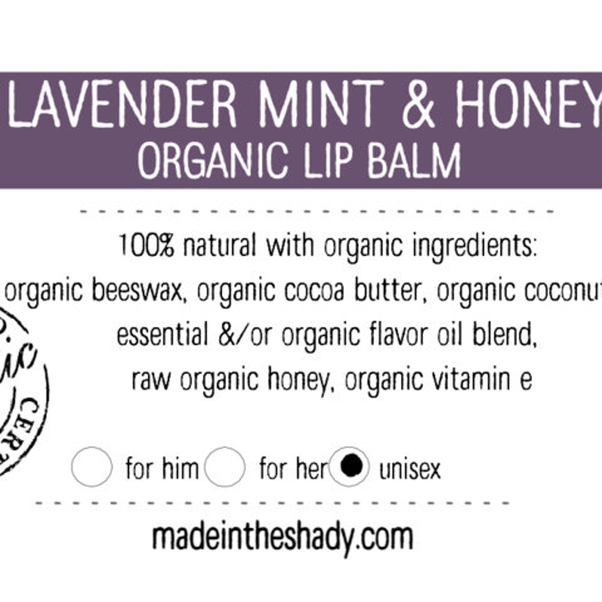 Organic lip balm label with lavender text on purple, ingredients list, and unisex selection