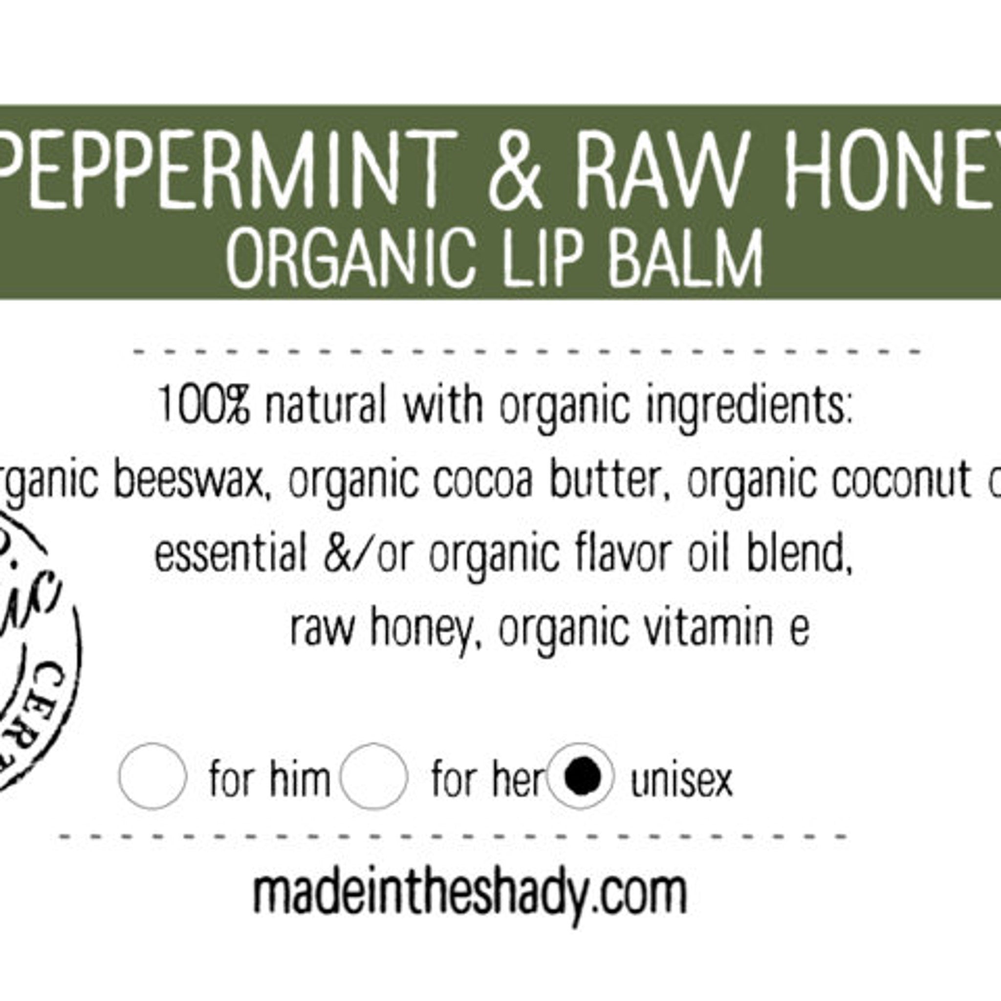 Lip balm label with text on green background, MADE IN THE SHADY, unisex use