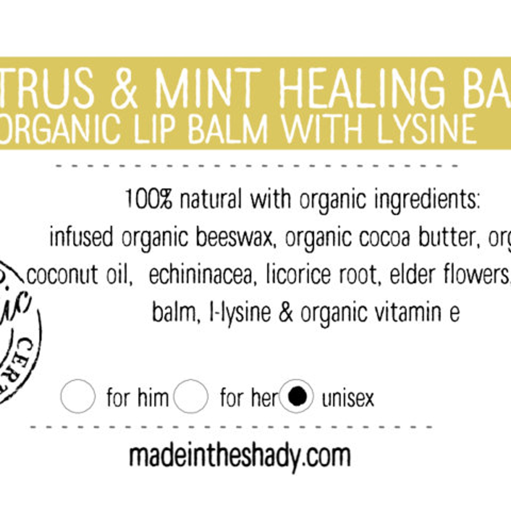 Lip balm label with white text on yellow background, "madeintheshady.com" website address, unisex option selected