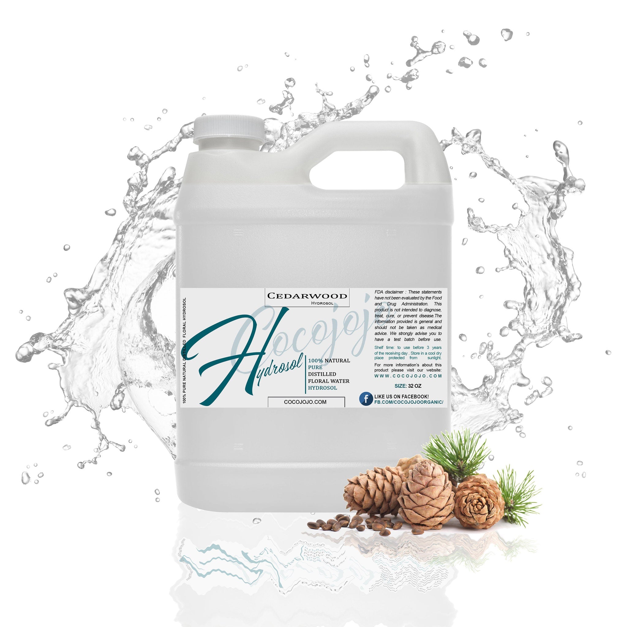 Hydrosol bottle with white plastic, blue and white label, and water splash background