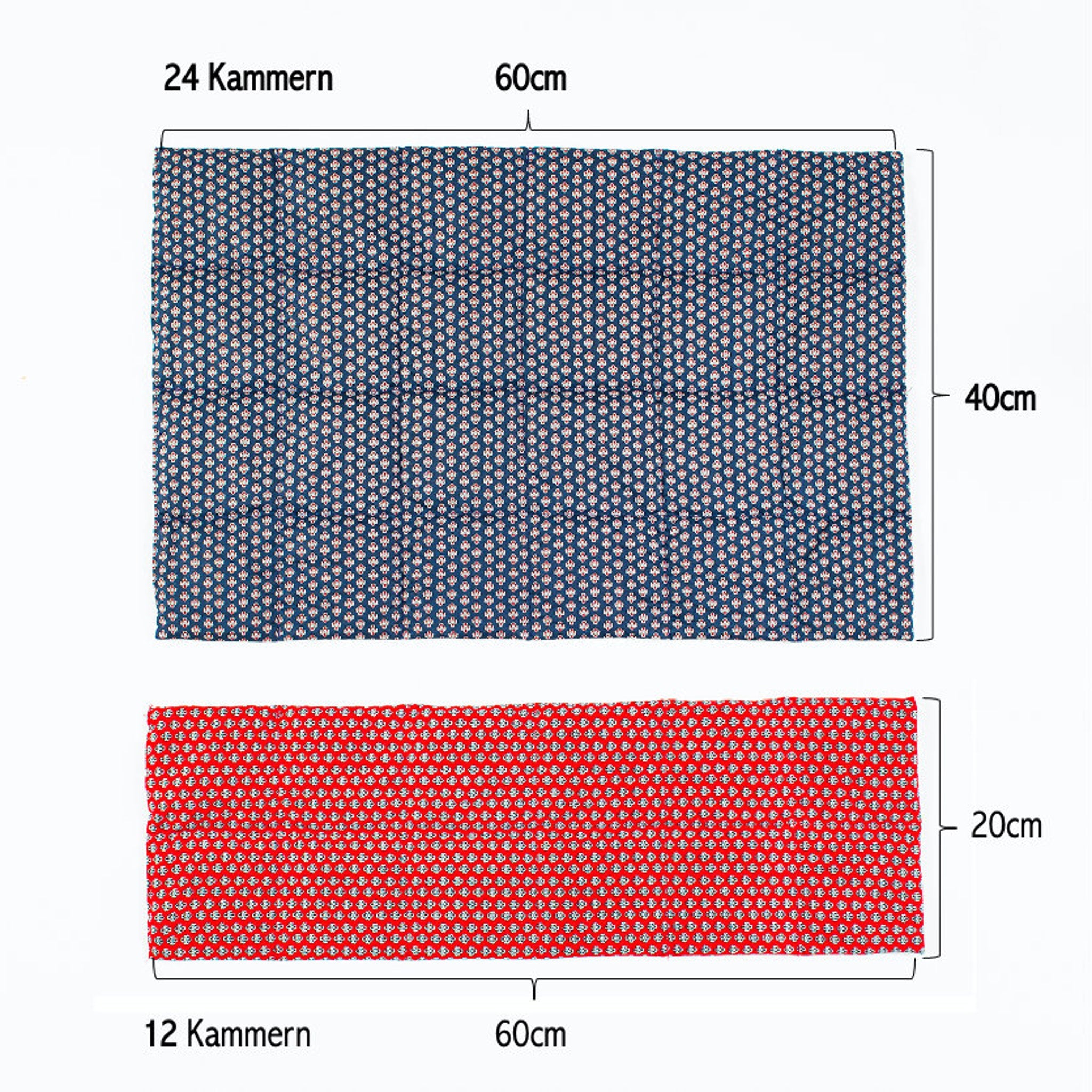 Blue and red patterned fabric samples with measurements displayed