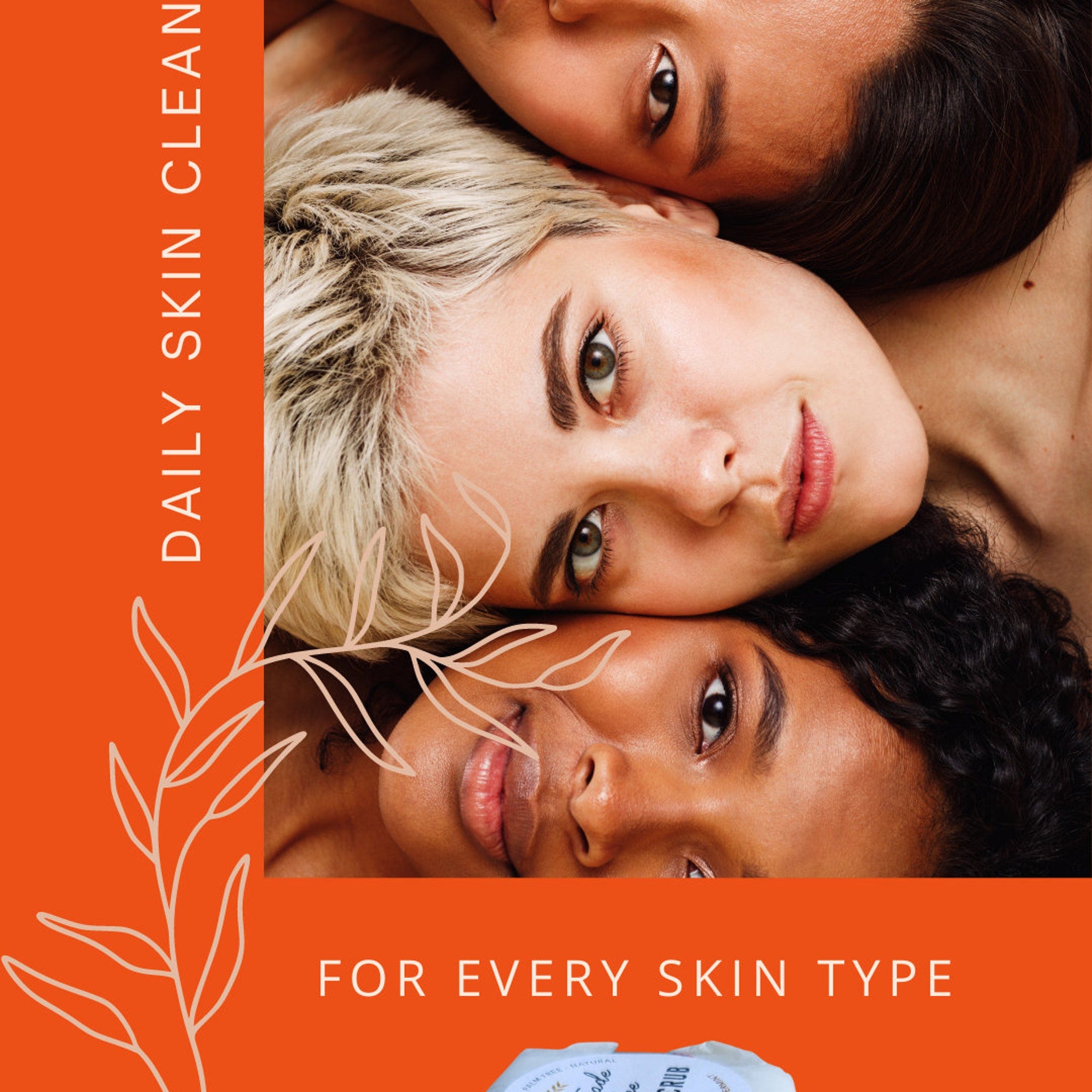 Skincare advertisement featuring three diverse faces with varying skin tones and hair colors, orange background