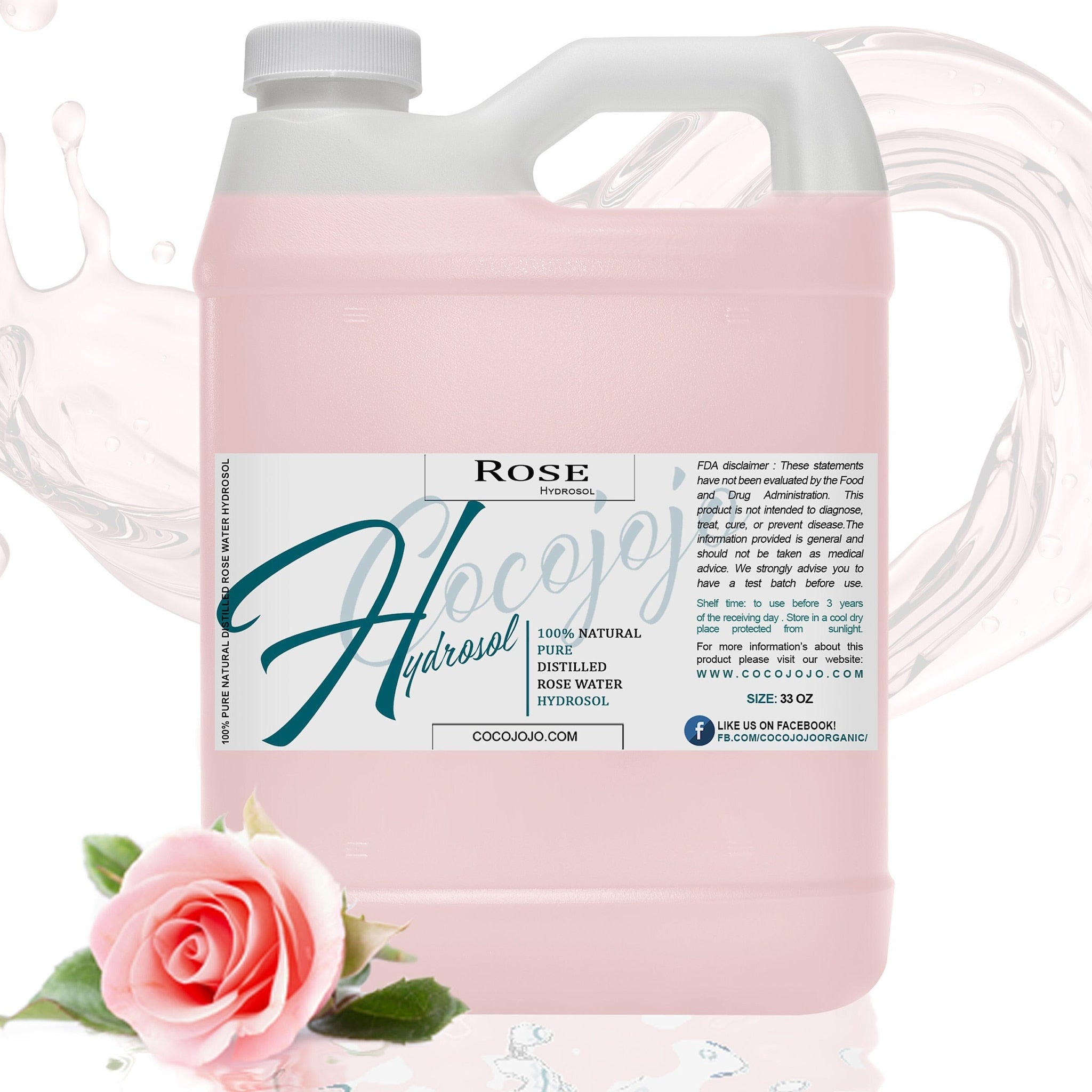 Rose hydrosol bottle, pink liquid, white cap, with CocoJojo label and rose flower