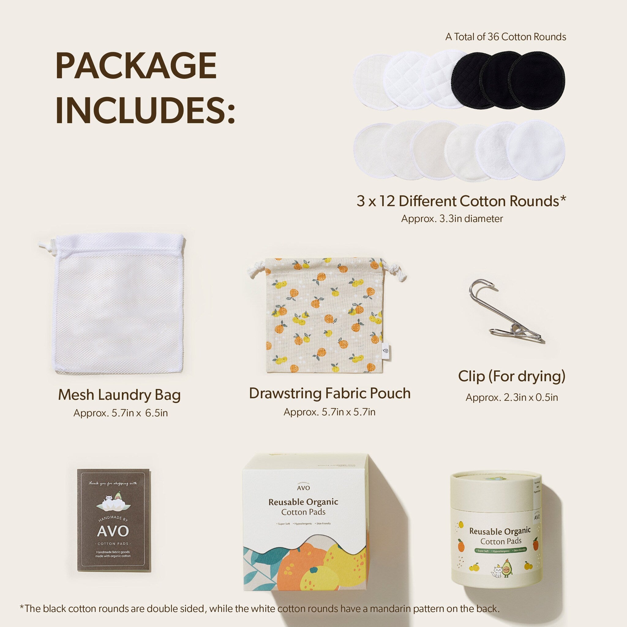 Reusable cotton pads in white, black, and patterned, with AVO branding and packaging details