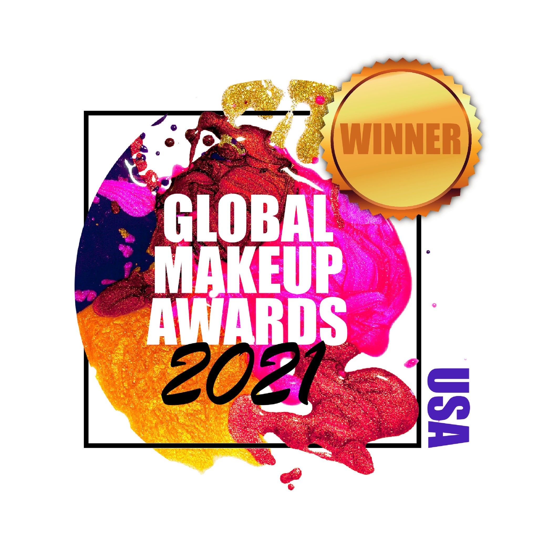 Global Makeup Awards 2021 logo with colorful paint splatter, gold winner badge, and USA text on white background