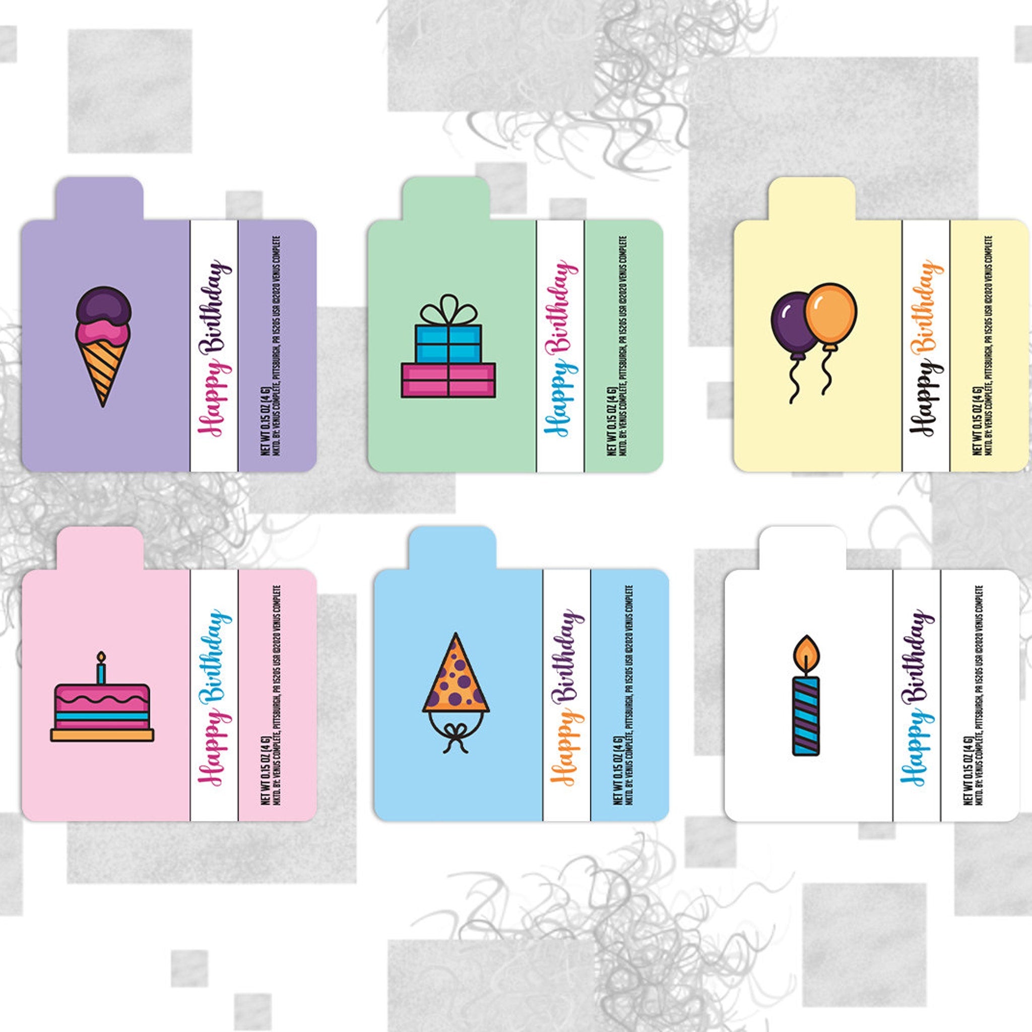 Birthday labels with colorful illustrations, Happy Birthday text, and Venus Complete LLC brand information