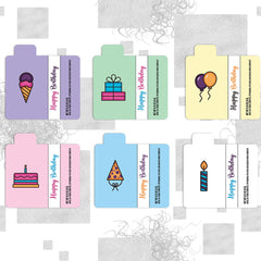 Birthday labels with colorful illustrations, Happy Birthday text, and Venus Complete LLC brand information