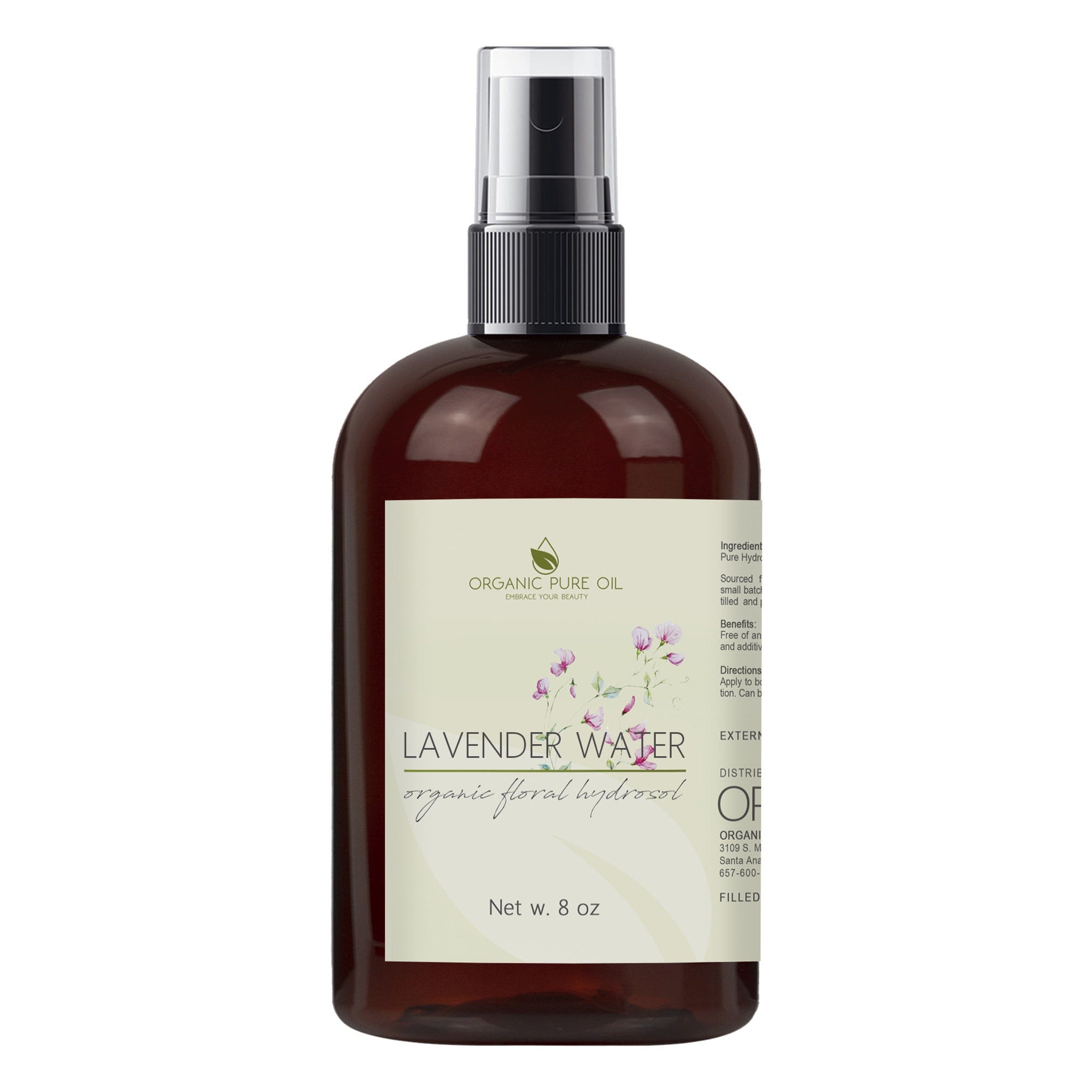 Lavender water bottle, brown glass, black spray top, and white label with text