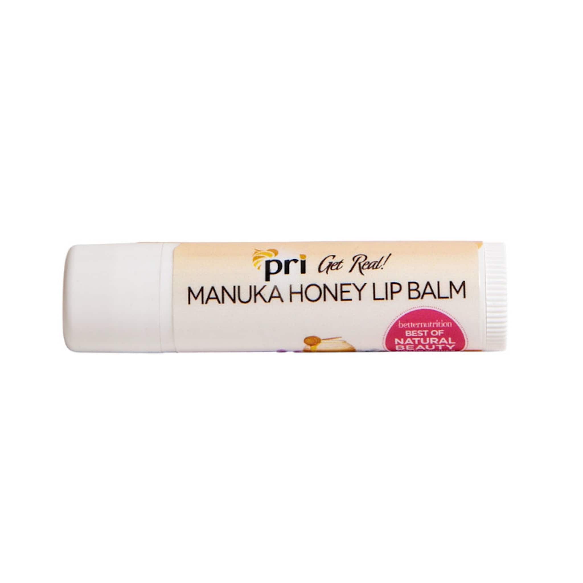 Lip balm tube with white, beige, and pink label, "pri" brand name visible