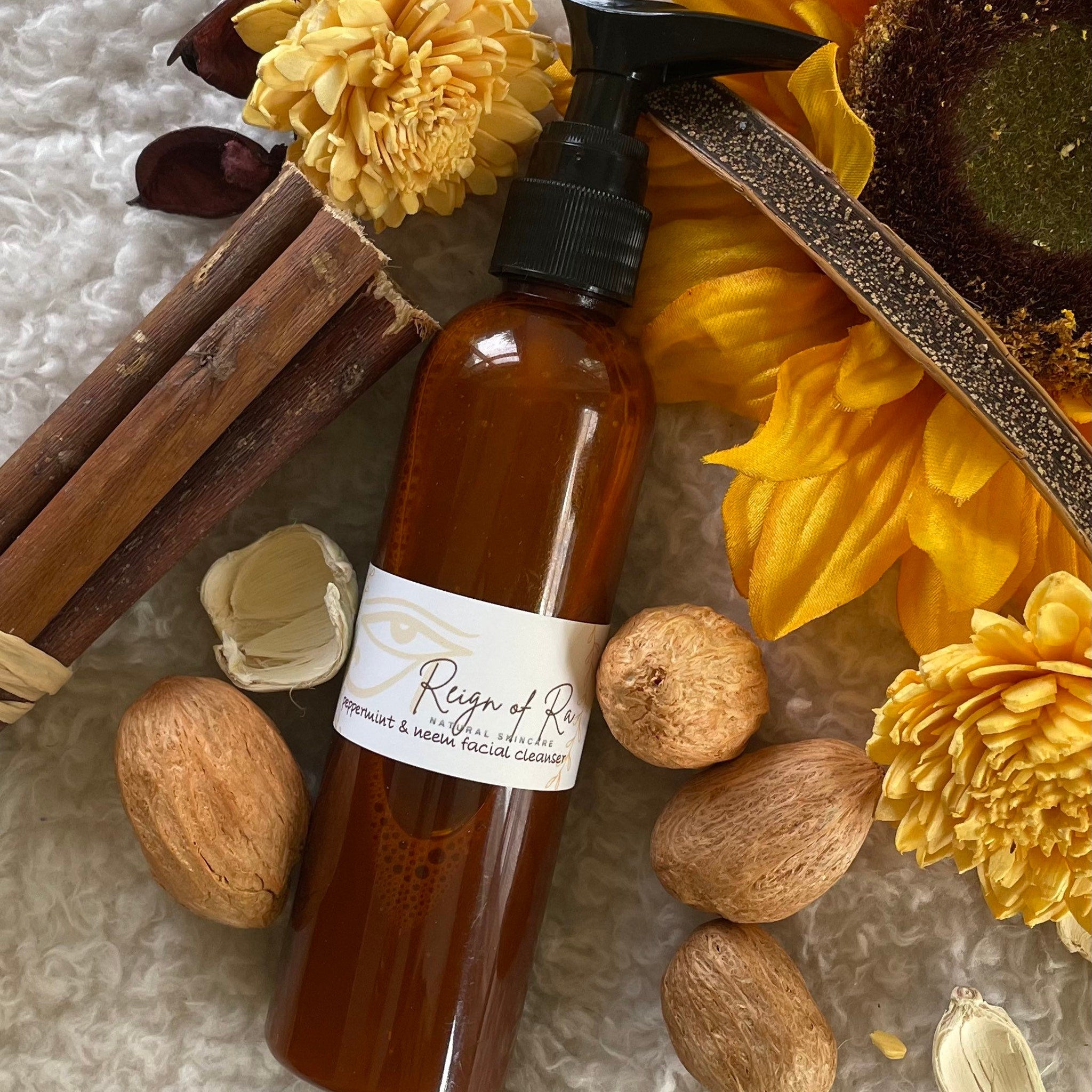 Facial cleanser bottle with brown liquid, black pump, and Reign of Ras label on white background