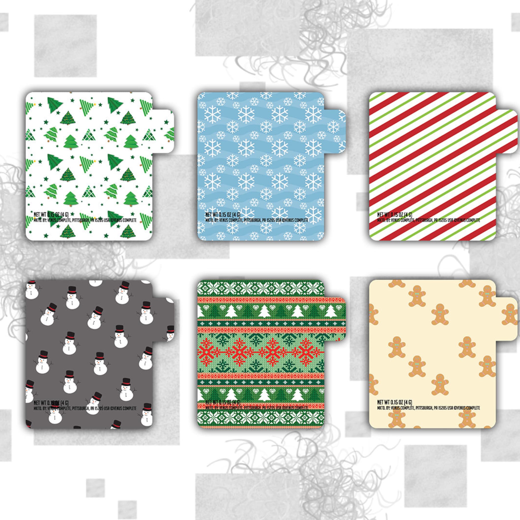 Holiday-themed packaging with green trees pattern on white background, Venus Complete brand text visible