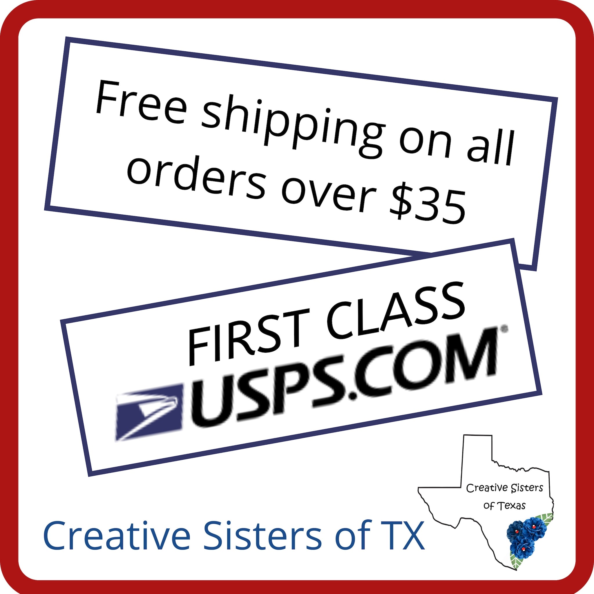 Free shipping graphic with red border, white background, blue text, and USPS logo for orders over $35