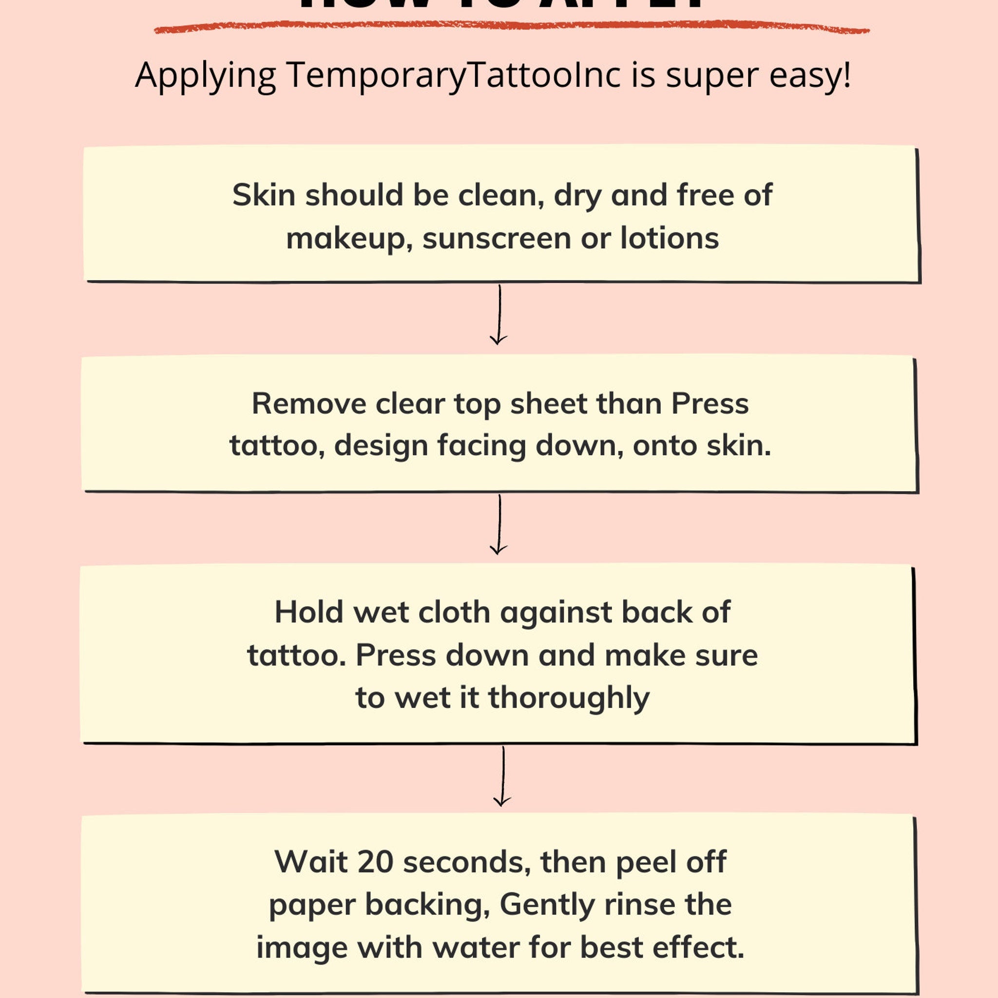 Temporary tattoo application guide with cream boxes, black text, and pink background.