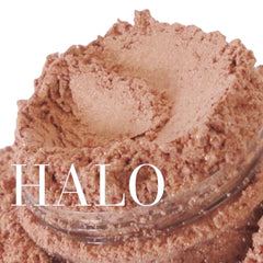 Pink peach eyeshadow with copper shimmer in a clear 5g sifter jar, showcasing vegan mineral makeup texture