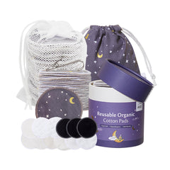 Reusable cotton pads with white, black, and patterned fabric, in a mesh bag and container, AVO brand