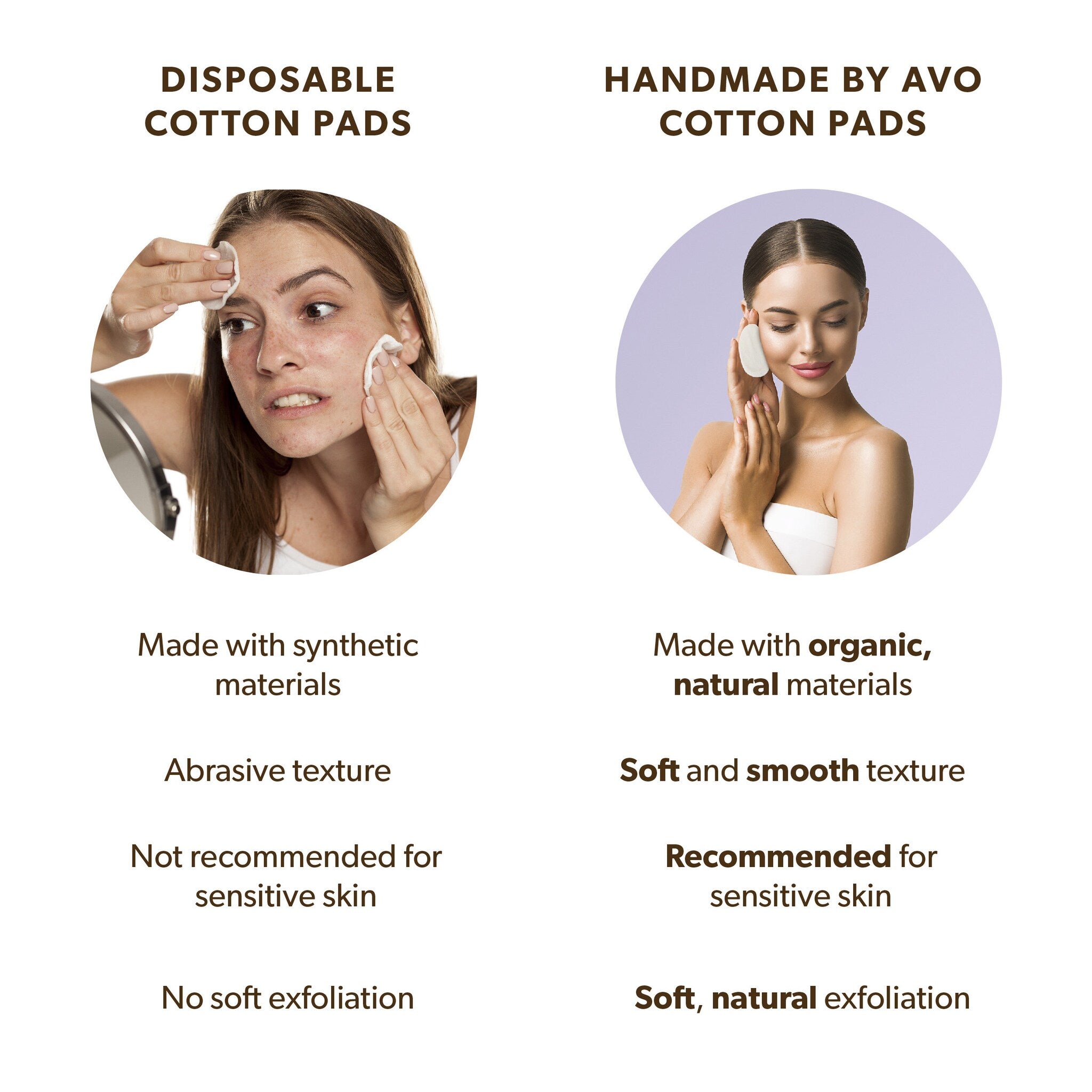 Cotton pads, white circular pads, used on face for skincare, comparison image