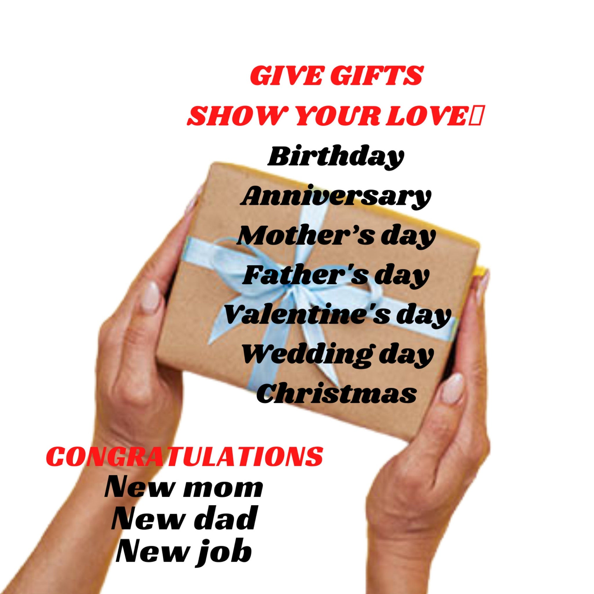 Gift box with brown paper, blue ribbon, held in hands for special occasions
